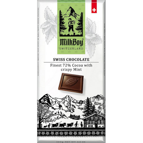 Hořká čokoláda 72% crispy Mint, 100g, MILKBOY SWISS